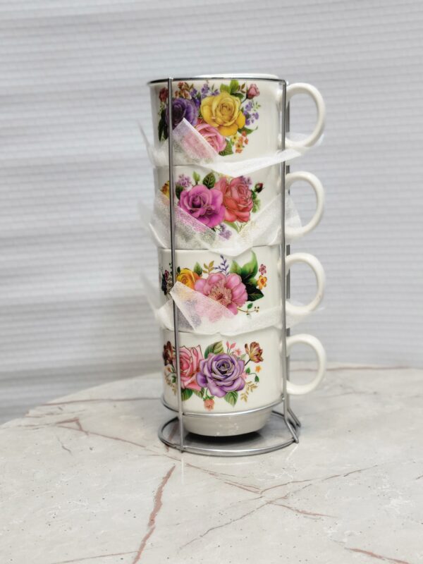 Tea Cups Ceramic Set with Iron Stand